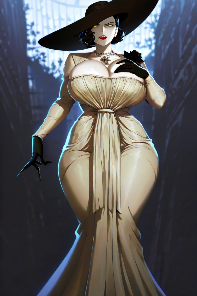 { - anatomy error} (masterpiece, best quality) 1girl, LadyDimitrescu, light skin, black hair, black flower, black rose, jewelry, breasts, necklace, hat, solo, yellow eyes, flower, dress, makeup, cleavage, pale skin, looking at viewer, earrings, lipstick, red lips, pearl necklace, rose, large breasts, smile, short hair, white dress, black headwear, whole body, sun hat, grin, mature female, writing, walking, dynamic poses, mouth closed. Different posture. Very sexy, with chin resting on shoulder. Get ready to dive into a world where beauty and craftsmanship merge perfectly.
