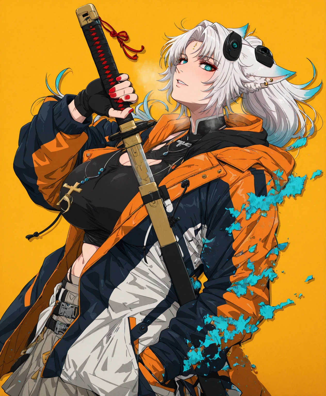 IliustraBloom, (PuriPuri _jet-style:1.4), (kunaboto-style:1.4), (Alecto_0-style:1.1), (mark_Gavatino-style:1.1), (Skirts_(Kirieroido)-style:1.3), (anime coloring, anime screencap), shiny skin, ((anatomical correct)), ((cinematic, unreal engine, eye-catching , ambient occlusion, UHD, masterpiece)), ((perfect lighting, dim lighting, soft shadow)), perfect body, perfect eyes, perfect fingers, gasping, heavy breathing, gasping profusely, ((skindentation)), ((curvy)), Fe1x10, animal ears, long hair, ponytail, multicolored hair, white hair, red eyeliner, ((ringed eyes)), forehead mark, ear piercing, ((mature female)), plump, 1girl, sword, weapon, alone, jewelry, katana, hand_in_pocket, earrings, gloves, holding_weapon, holding_sword, Fingerless_gloves, holding, red_nails, yellow_background, Looking_at_viewer, piercing, sheath, ear_piercing, Cross, jacket, black_gloves, hood, orange_background, nail_ polish , necklace, parted_lips, simple_background, glowing effect, oil_Painting, ((disintegration clothes))