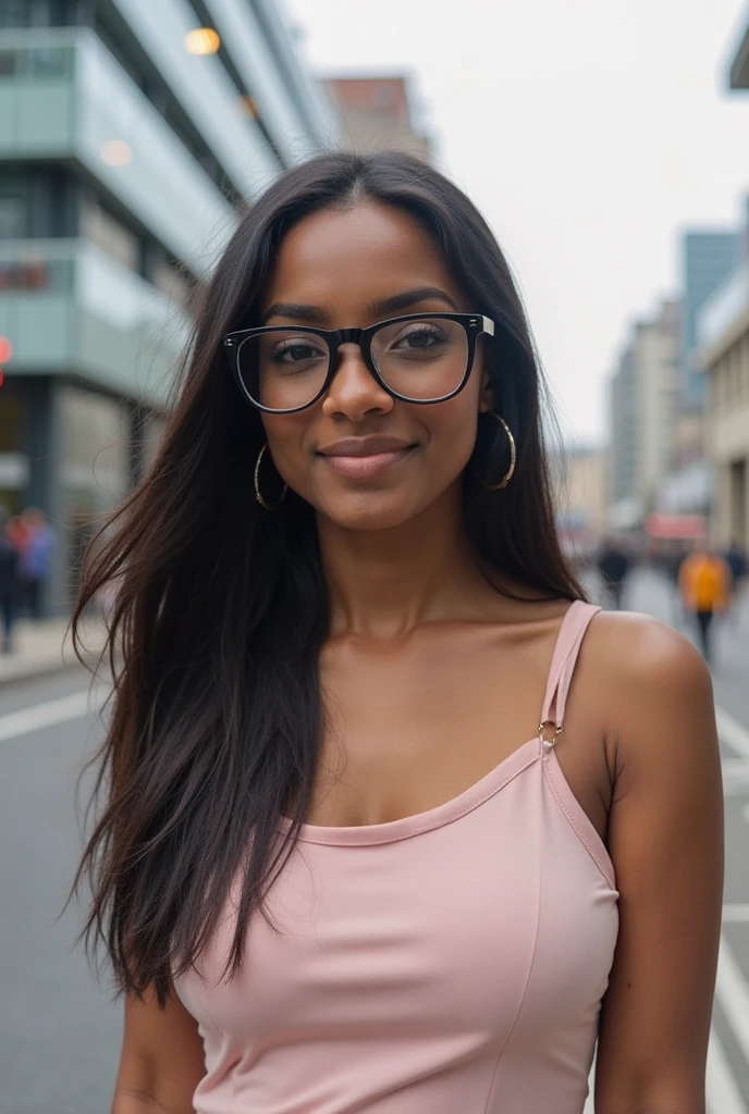 A Brazilian woman, weighing 45 kg with 1,50 height, straight hair and black skin, wear glasses.