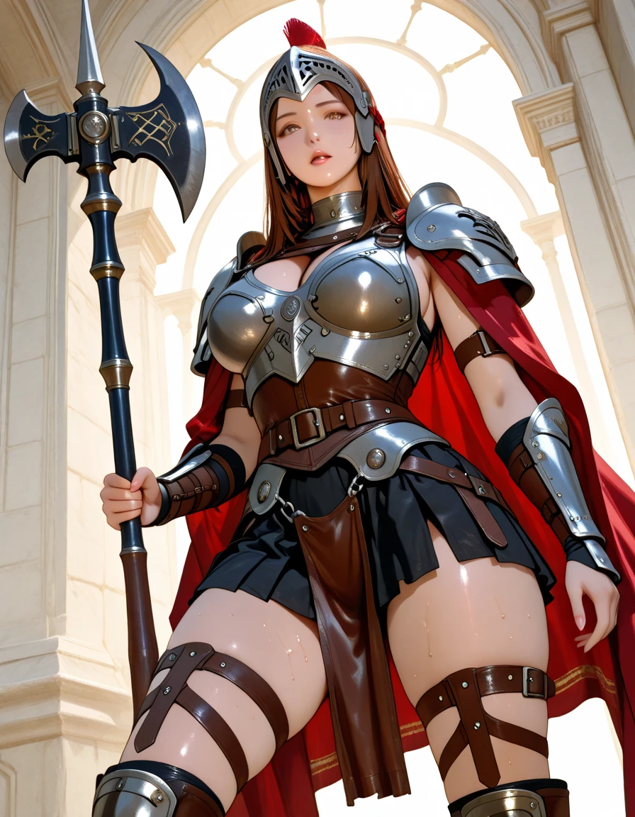 Masterpiece, (flat black background:1.2) solo, detailed face, intricate iris, thick lips, robot girl, (gold and white skin), realistic illustration of a (cyborg girl),(RED eyes),IvoryGoldAI,(freckles),(holding BREATHTAKING:1.2), (gold and white armor:1.2), (looking at viewer:1.2),parted lips, standing straight symmetrical, looking at viewer, lustful smirking smile face red blushed red cheeks, thick thighs, thighhighs, thigh, boots, armor, armored boots, full body armor, bikini armor, big breastplate, pauldron, bracers, leather black choker, tiger claws gloves, short bob white haircut, helmeted, metal shoulders, red long loincloth, longest blue cape reach to the waist, shackles and chains wristbands