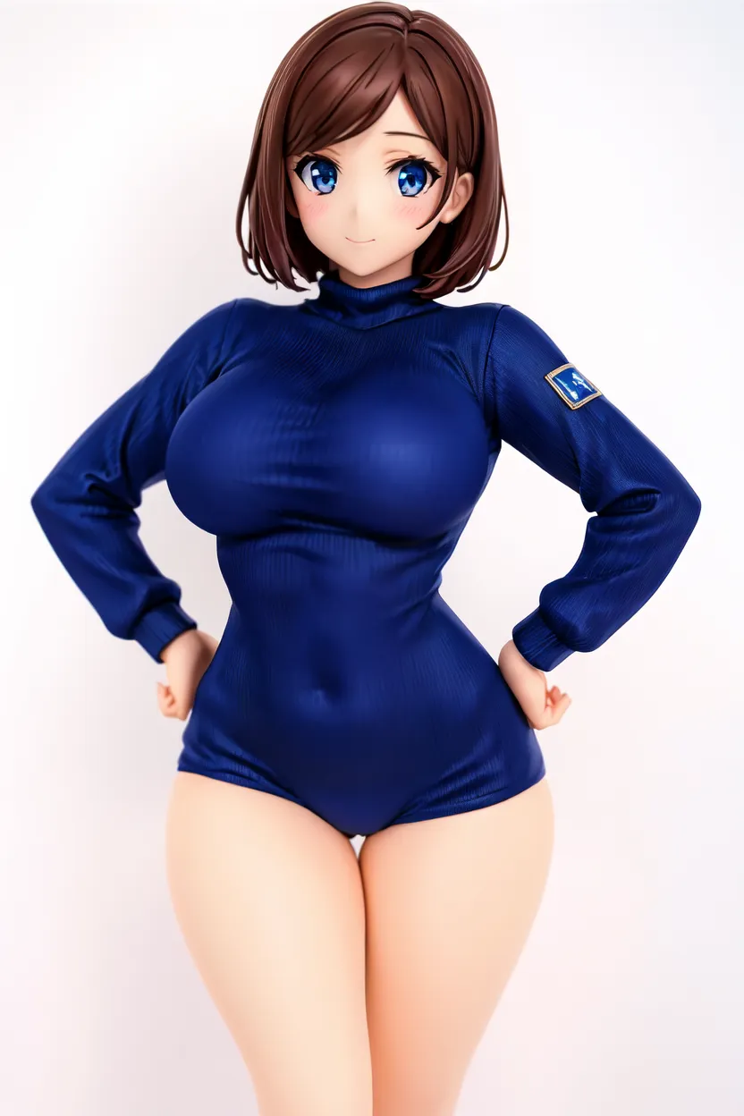 ultra-detailed, Explicit, Beautiful body, Beautiful Nose, Beautiful character design, perfect eyes, perfect face, ultra highres, 4K, beautiful legs, perfect legs, Nice hands, Perfect hand, Masterpiece, Best Quality, Highly detailed, illustration, absurdres, perfect anatomy, (((black delmo uniform, jacket, tight black miniskirt))), white stripes, ((extremely glossy latex)), juliet sleeves, puffy sleeves, absurdres, highres, solo, cowboy shot, 1girl, perfect hands, red bow, (highres,best_quality,masterpiece), hair ornament, huge breast, large breast, Mylene Hoffman_009-1, light brown hair, blue eyes, short hair, earrings