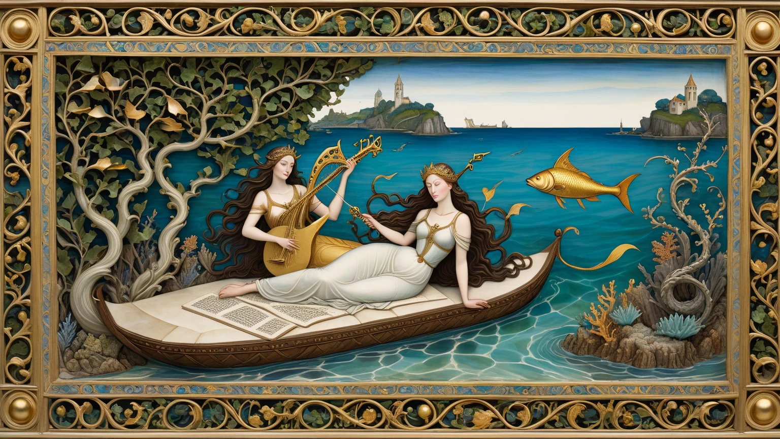 painting of a woman in a shell with a group of people, Birth of Venus, goddess of the sea, beautiful mermaid, afrodite goddess do amor, the Birth of Venus, goddess do oceano, Boris Vallejo's))), goddess, renaissance painting', mitologia da goddess da terra, Renaissance painting”, arte da goddess, goddess da mitologia grega, who is born from the sea