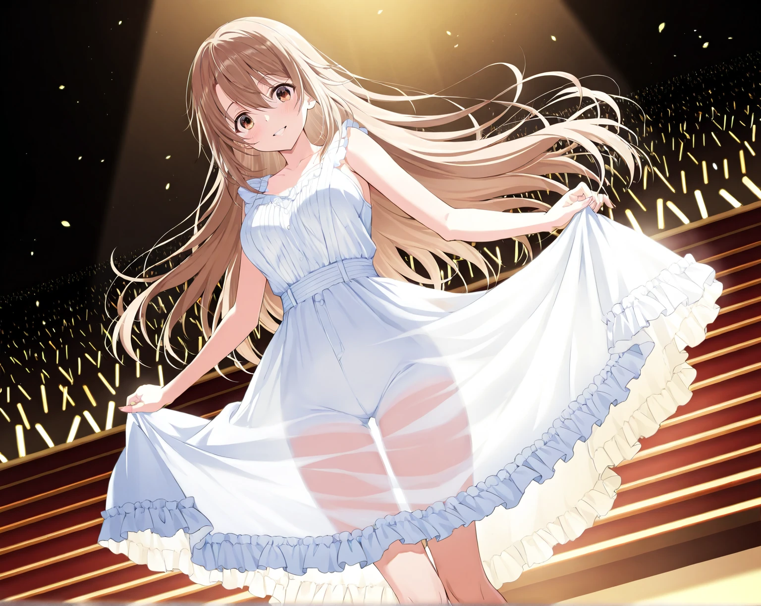masterpiece, best quality, kinoshitaakane, 1girl, female college student, happy, open mouth, upper teeth, bare legs, standing, from side, wedding dress, flowers, church, detailed background