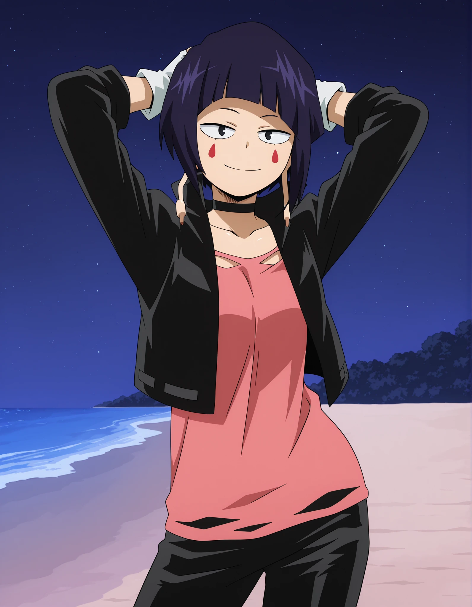 illujiro, short hair, bangs, long earlobes, purple hair, black hair, black eyes,
facial mark, black jacket, collarbone, choker, white gloves, fingerless gloves, pants, pink shirt, anime screencap, shiny skin, high quality, solo, night sky, beach, hands behind head, ((contrapposto)), closed mouth, cowboy shot, looking at viewer, smile, best quality