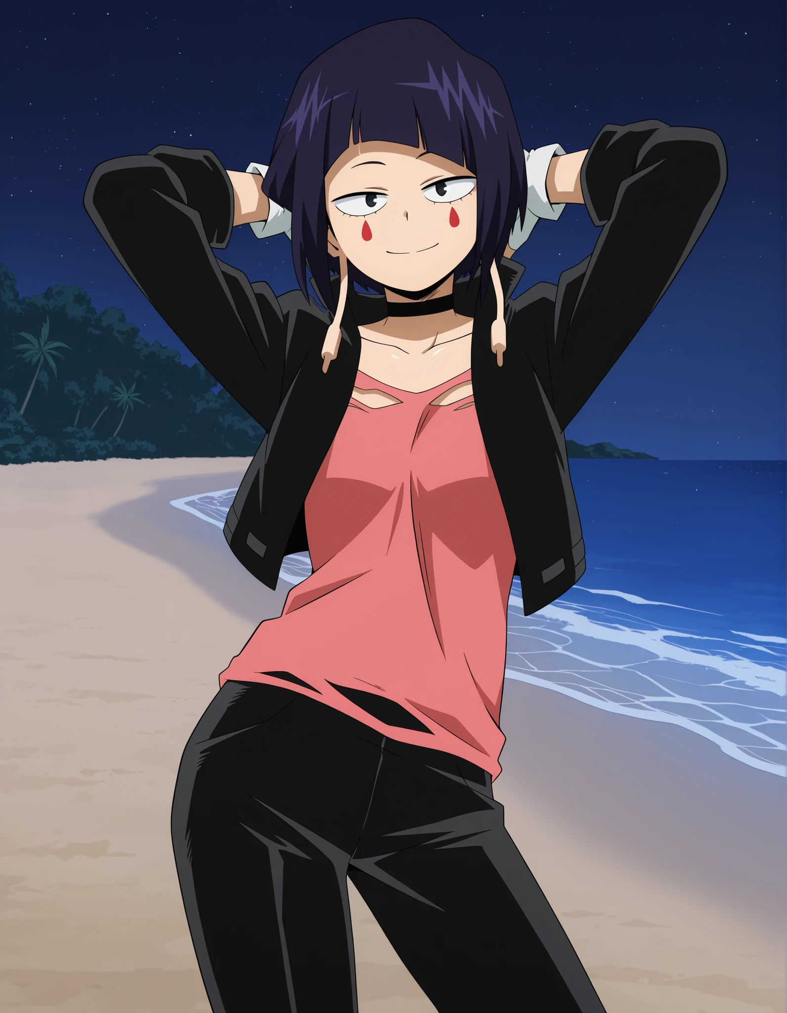 illujiro, short hair, bangs, long earlobes, purple hair, black hair, black eyes,
facial mark, black jacket, collarbone, choker, white gloves, fingerless gloves, pants, pink shirt, anime screencap, shiny skin, high quality, solo, night sky, beach, hands behind head, ((contrapposto)), closed mouth, cowboy shot, looking at viewer, smile, best quality