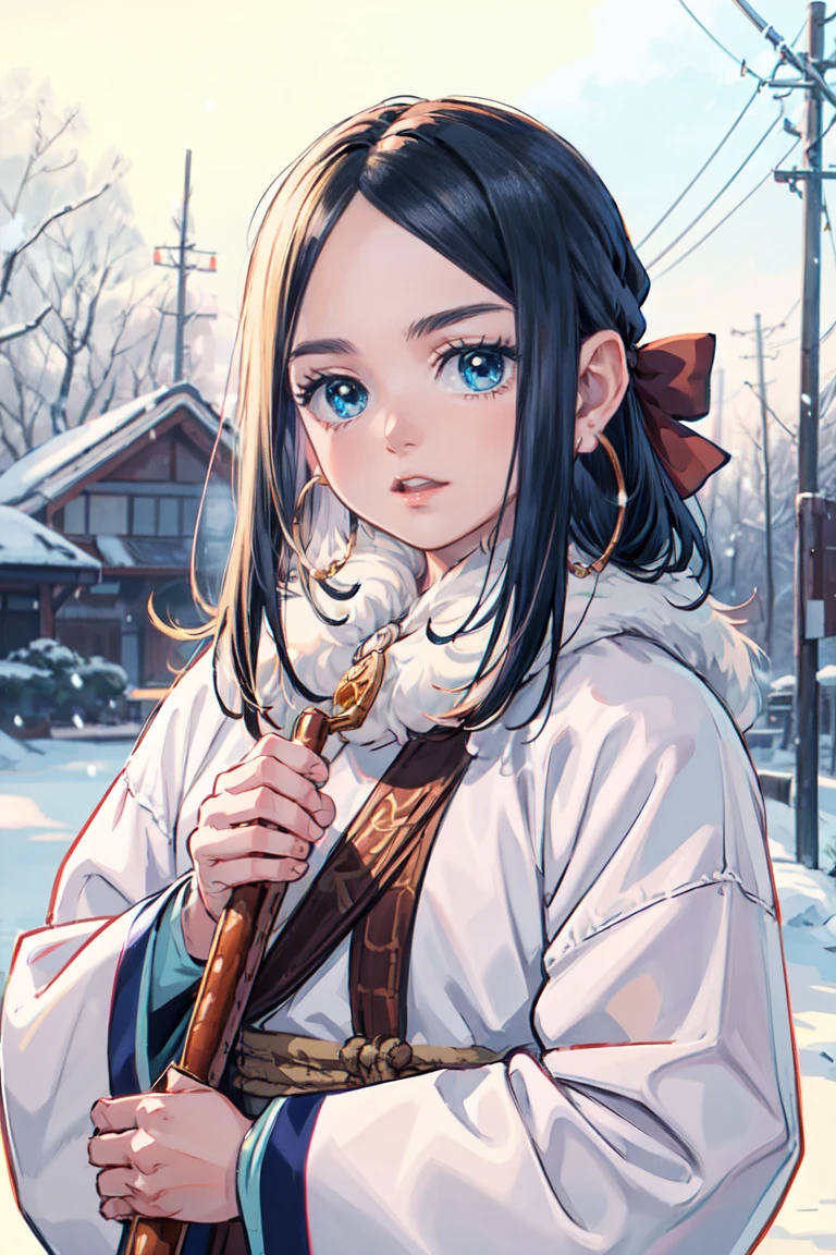 (top quality, masterpiece, raw photo,Super Detailed:1.2), (best quality, masterpiece, RAW photo,ultra-detailed:1.2), 1girl,solo,looking at viewer,
asirpa  nature, snow,blue hairband, GJGJAA, Nishikawa Sori in Maple Story 1, pixiv contest winners, what is it？, Blue Scales.  Playing in the snow , Weak with Arrows々Beautiful girl, Naranbaatar Gambold, ninja scroll anime style, detailed character art,  dress , wind sorcerer!, HD artwork, Inspired by,Alone,stare at viewers, brave face、 Ainu folk costume、Ashilpa、Shooting a bow、GJGJAA, 