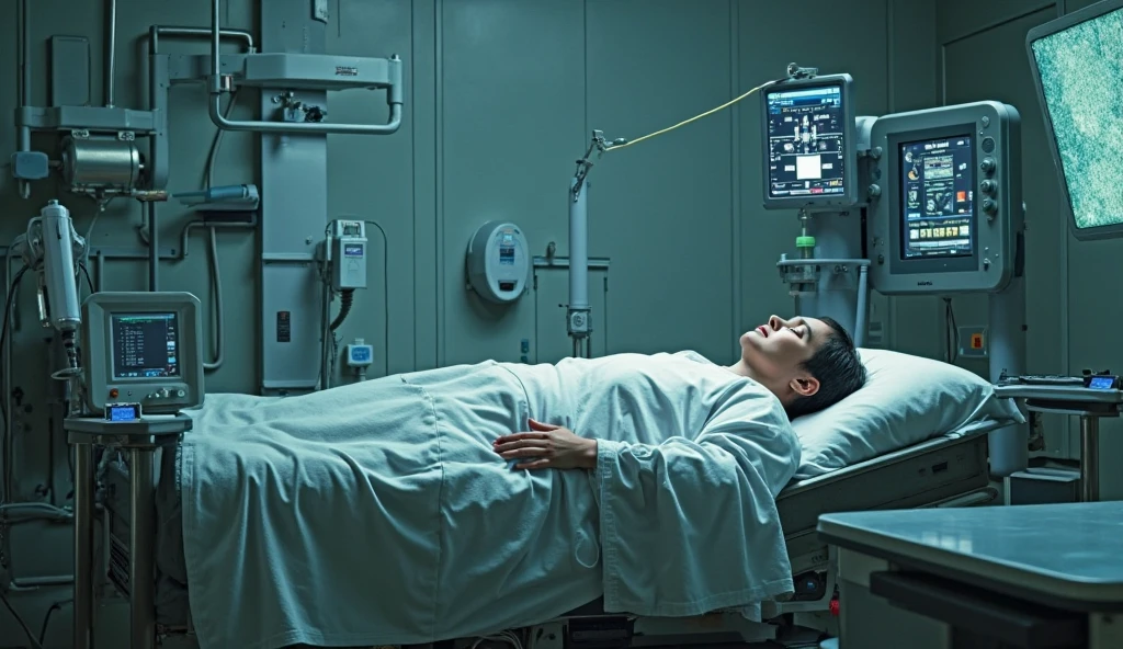 Creates an image of a person in a room full of machines that keep him alive.