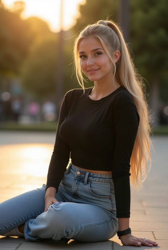 Realistic full body photo of a smiling, Young blonde woman with long hair, She dances in front of the camera in a long tight purple blouse and tight black jeans.., Park,glamour fotoshooting, Park, perfect anatomy, perfect blue eyes. Perfect hands with 5 fingers on each hand, Matching girl, look into the camera, 1 Frau. (Eye make up:1.1), (highly detailed skin:1.1), spirit, analog style, keen focus, 8K UHD, dslr, good quality, Fujifilm XT3, Grain, Award-winning, masterpiece. Park