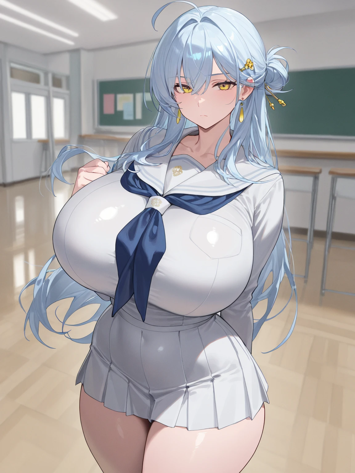 masterpiece, best quality, ultra-detailed, illustration, colorful, flat color, depth of field, lens flare, 1girl, sona buvelle, anime, sitting, blue hair, twintails, blue eyes, looking at viewer, school, classroom, school swimsuit, one piece swimsuit, detailed skin texture, detailed cloth texture, beautiful detailed face, huge breasts, blush, seductive smile