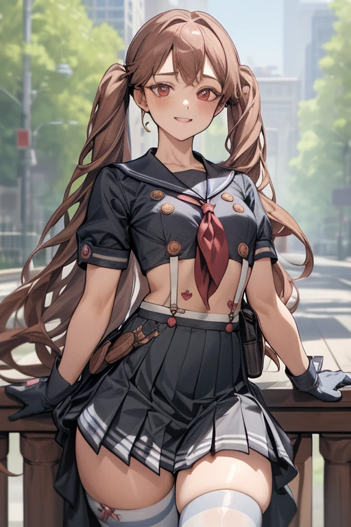 masterpiece, best quality, miranda, hat, serafuku, midriff, suspenders, red neckerchief, pleated skirt, black gloves, black thighhighs, thick thighs, cowboy shot, looking at viewer, smile, crouching, park, trees