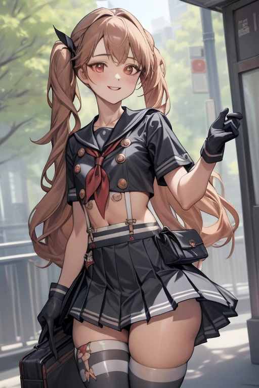 masterpiece, best quality, miranda, hat, serafuku, midriff, suspenders, red neckerchief, pleated miniskirt, black gloves, black thighhighs, from behind, sitting, looking at viewer, confused <lora:miranda-nvwls-v1-000010:0.9>