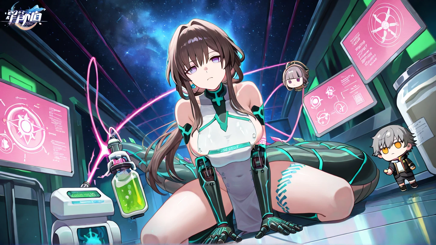 Igirl, Starfire, sexy, completely naked, unconscious, eyes are closed, floating in a stasis pod, background is a dark laboratory, low lighting in the background, legs spread open, revealing vagina, spread open, a clear tube that contains green goop is inserted into her , the goop is being injected into the by the tube.