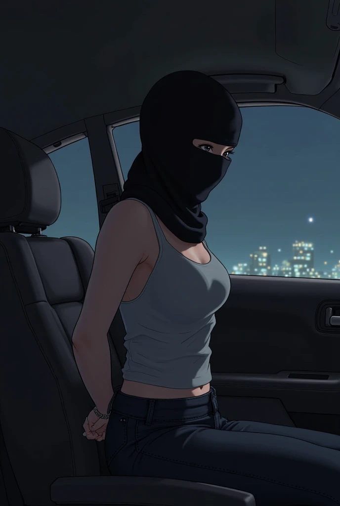 Male arab modern terrorist, terrorist, black balaclava, black bandage, white eyes, black clothes, thin waist, femboy, light skin, makeup, black eyeliner, big eyelashes, black eyeshadow, choker, inside the car, desert, night, duo, 1girl, brown long hair girl, girl without a mask, makeup