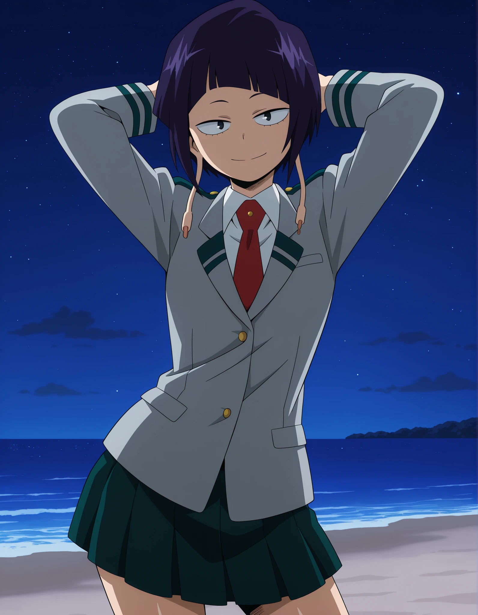illujiro, short hair, bangs, long earlobes, purple hair, black hair, black eyes,
u.a. school uniform, red necktie, jacket, pleated skirt, anime screencap, shiny skin, high quality, solo, night sky, beach, hands behind head, ((contrapposto)), closed mouth, cowboy shot, looking at viewer, smile, best quality