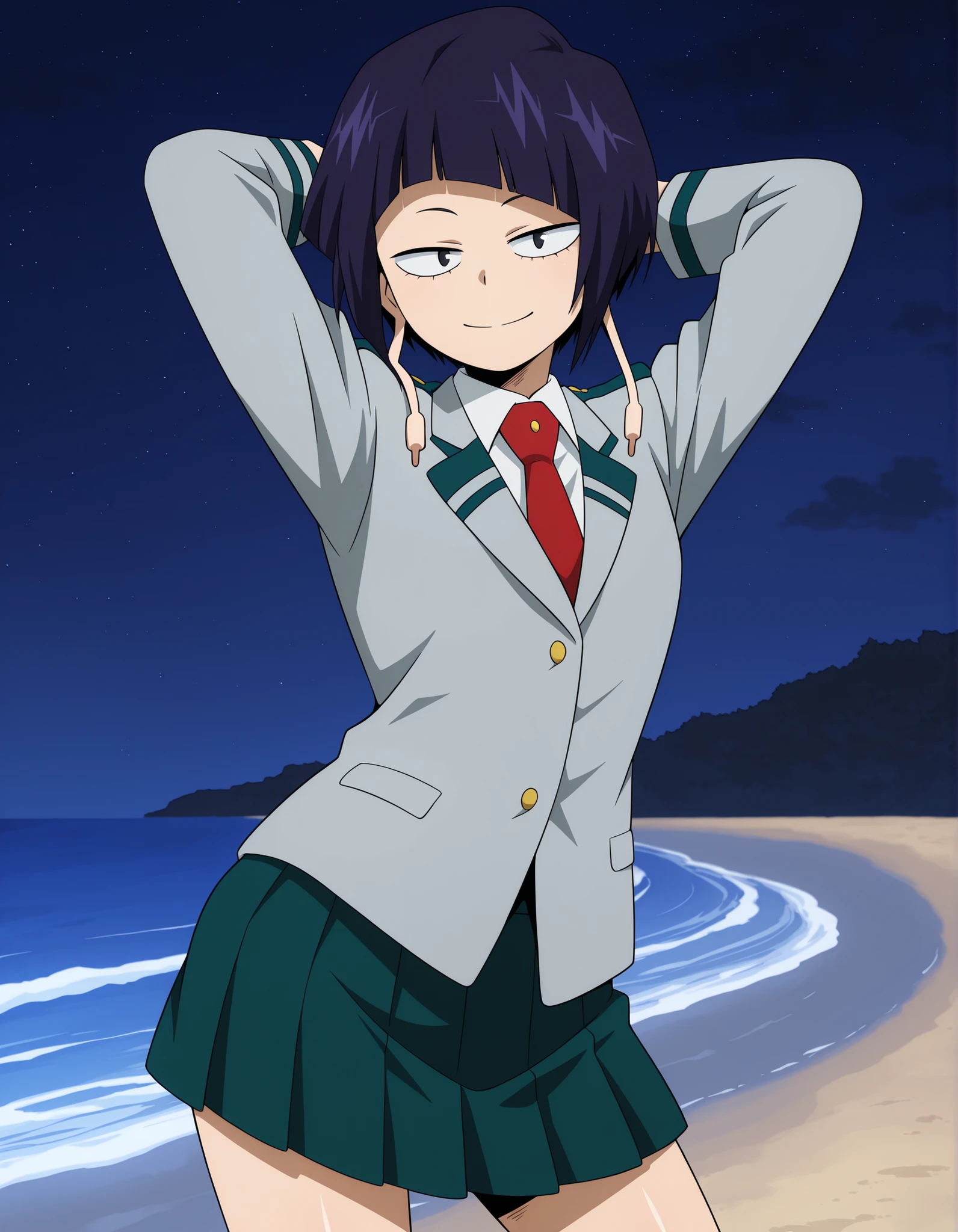 illujiro, short hair, bangs, long earlobes, purple hair, black hair, black eyes,
u.a. school uniform, red necktie, jacket, pleated skirt, anime screencap, shiny skin, high quality, solo, night sky, beach, hands behind head, ((contrapposto)), closed mouth, cowboy shot, looking at viewer, smile, best quality