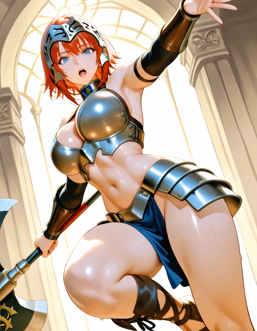 Art inspired by Masamune Shirow, Armor Girl, Bikini Armor, Bikini Armor, Bikini Armor female knight, Bikini Armor, tits, Knight Girl, tits、Intense movement,topless, White thighs,Vertical belly button、Skin radiance,Brown hair