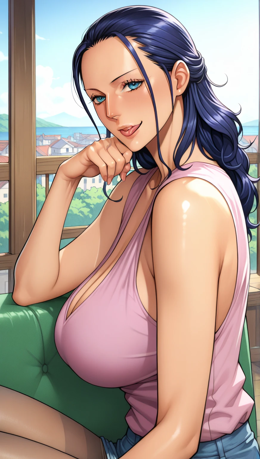 score_9, score_8_up, score_7_up, source_anime, solo, 1girl, blush, shy, looking at viewer, black hair, blue eyes, one piece, indoors, rating:safe, on couch, fancy loveseat, balcony, night, night time, after dark, moonlight, couch, front view, face focus, safe for work, dress, covered, clothes, standing, pants, blue dress, huge breasts, huge thighs, moaning, ecstasy, lewd face, ahegao, spread legs, fishnet clothing, fishnet stocking, boa hancock, mother, milf, ikuchan, ((mature female)), red eyeshadow