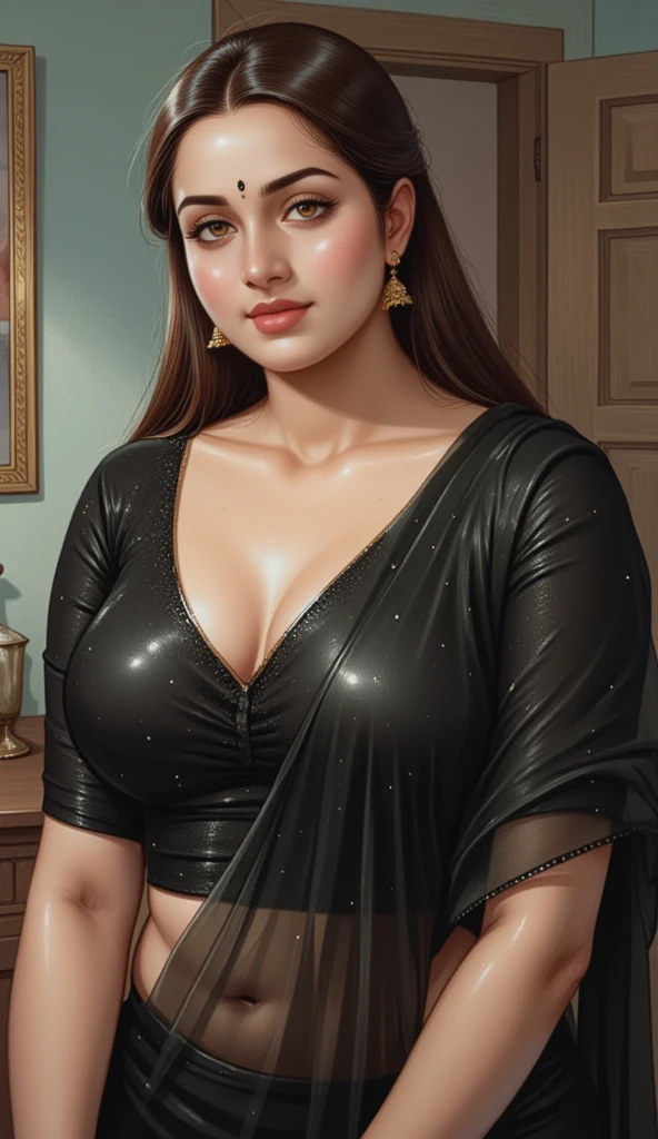 Hot beautiful goddess,face makeup, perfect face,huge breasts,big circle jhumki earrings,long earrings,sharp jawline, lipstick ,short hair, shiny hair, yellow saree, cleavage,navel,thin body, tall ,printed blouse