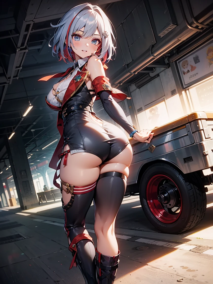 (Super detailed、Ultra-high resolution、Detailed Background)、((Flat Color))、((colorful))、((浮かぶcolorfulな水))、One female secretary in the office、body paint、Pop tattoo on the butt、Big Breasts、Sexy Random Pose、Low angle from behind、Beautiful ass、Buttocks up、
(Medium Hair、Silver Hair、hair ornaments)、Beautiful blue eyes、Beautiful red lip、(blouse、Micro Mini Skirt、choker、Knee-high stockings、garter belt)、TWICE's Tzuyu' on pause、(fun、smile、A rich expression)