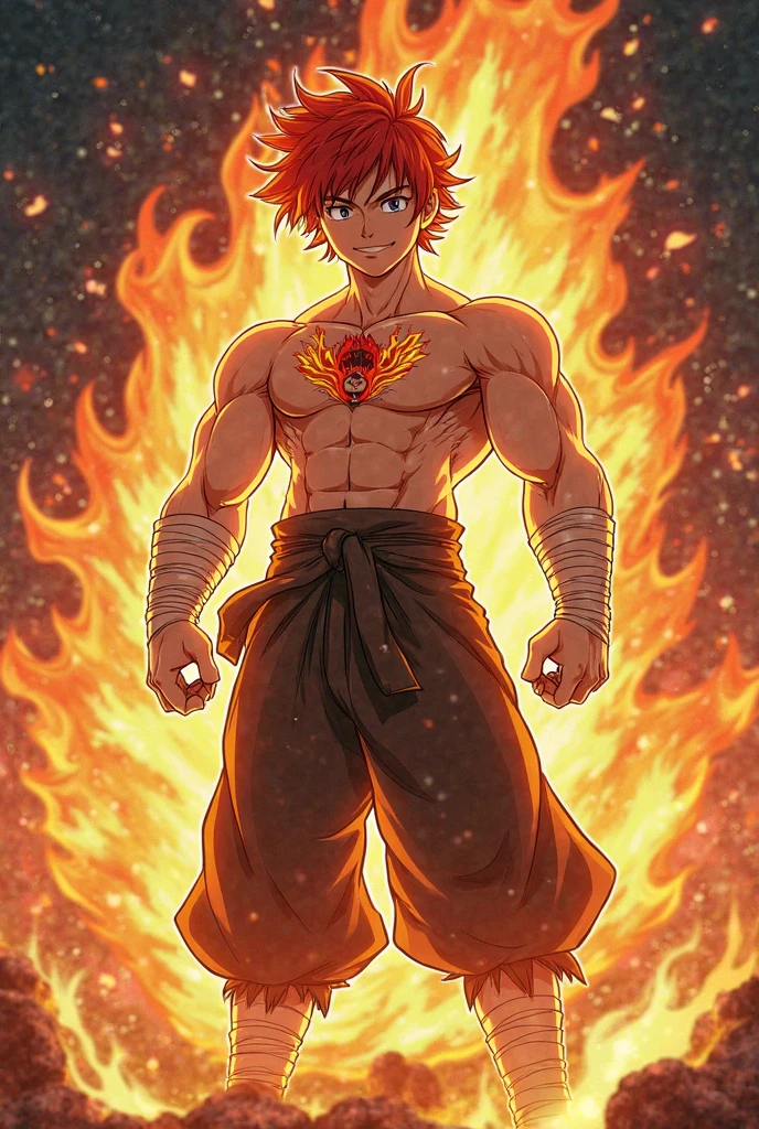 , scarf of fires around his neck, , samurai, mischievous smile, , fire spirit,Reddish Fire Hair, translucent body, bare torso, ,man, Body not very transparent, Happy , fantasy anime style, bright yellow complexion, Eyes of burning flame, Golden dragon tattoo, black atmosphere, shorts, shy, 