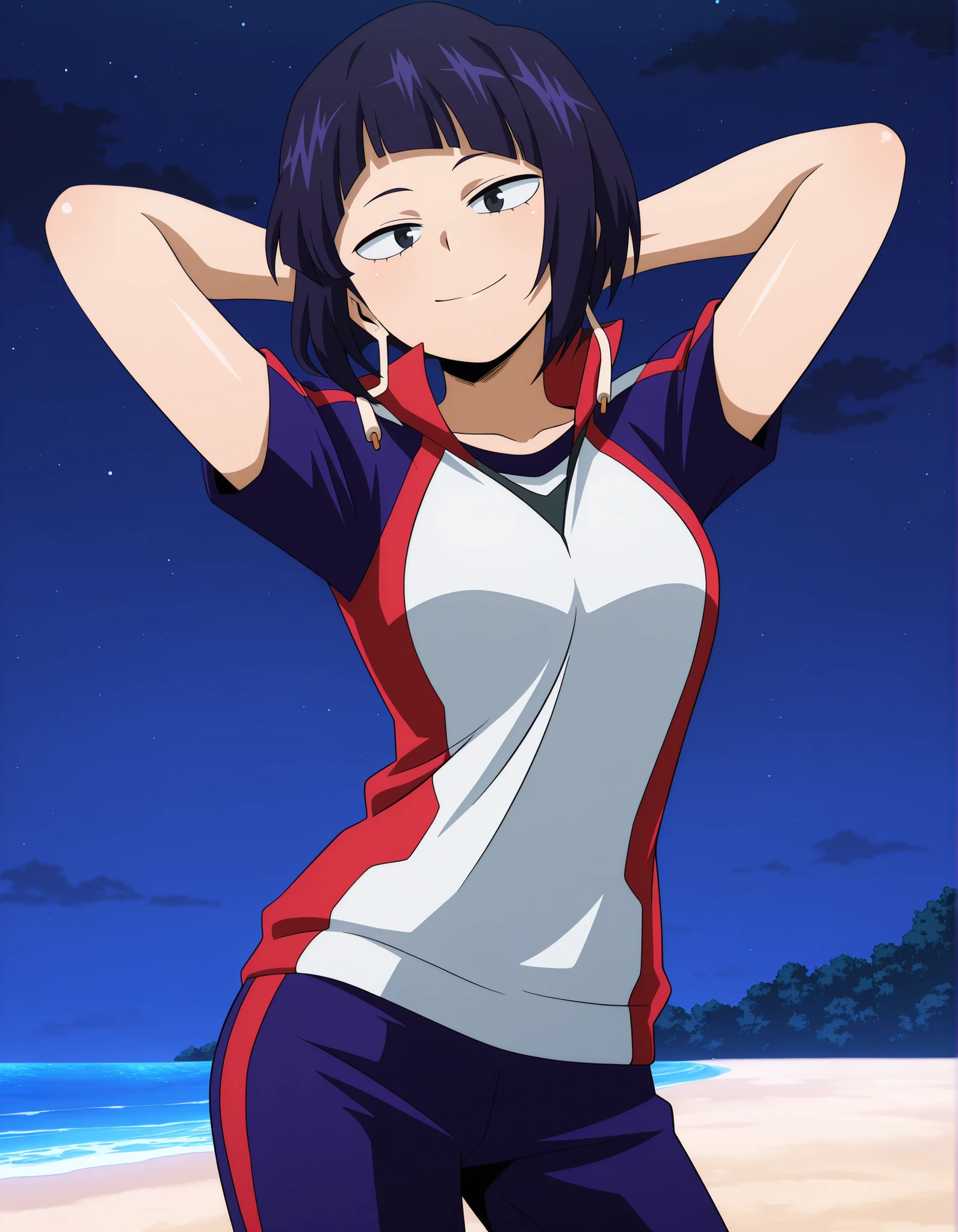 illujiro, short hair, bangs, long earlobes, purple hair, black hair, black eyes,
(u.a. gym uniform:1.5), short sleeves, pants, anime screencap, shiny skin, high quality, solo, night sky, beach, arms behind head, ((contrapposto)), closed mouth, cowboy shot, looking at viewer, smile, best quality