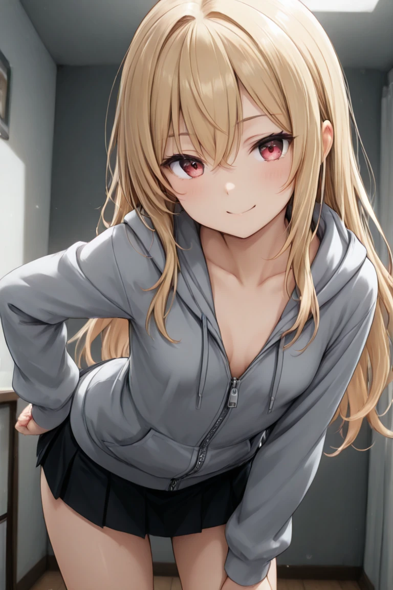 kitagawa marin, 1girl, solo, long hair, blush, blonde hair, red eyes, jewelry, upper body, multicolored hair, earrings, hood, hoodie, piercing, ear piercing, <lora:Sono Bisque Doll wa Koi wo Suru - Marin Kitagawa V2:1>
