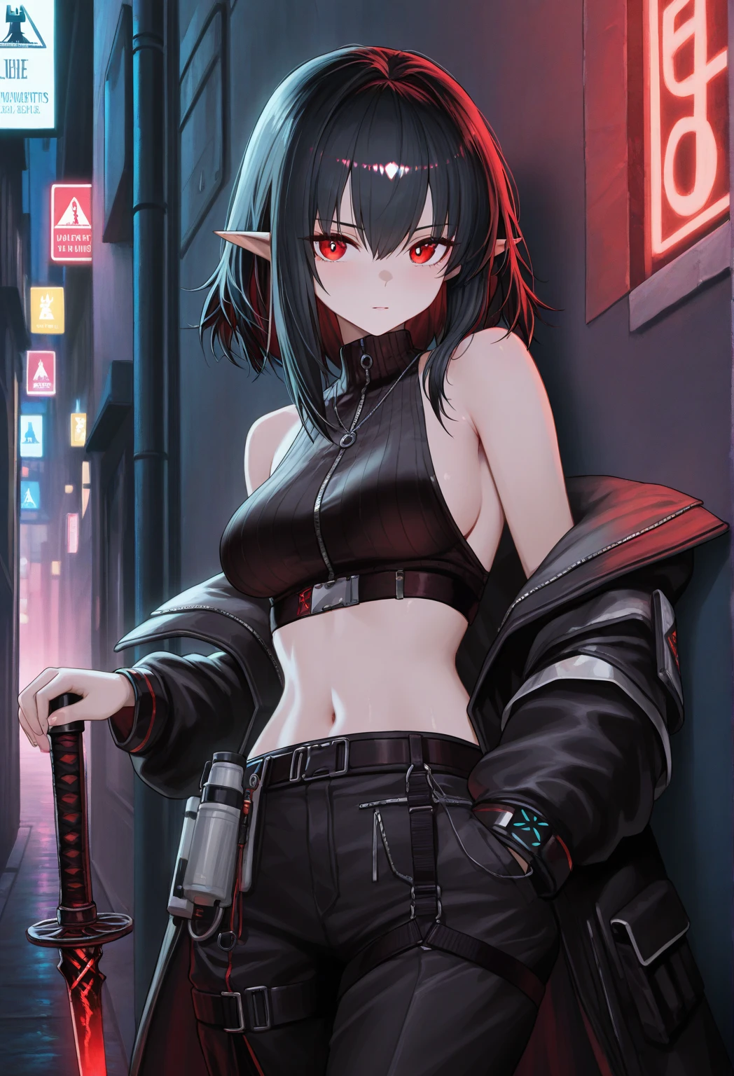 最high resolution,high resolution,Legendary Assassin, Beautiful Teenage Woman,Small breasts,black hooded coat , Fearless smile, Red lips, Black Hair, Red eyes, realism, Night city view from the top of a skyscraper,Neon Town,Digital Painting, Concept Art, Smooth, Sharp focus, Three-part method, Style Psycho,Detailed Eyes,assassin's creed
