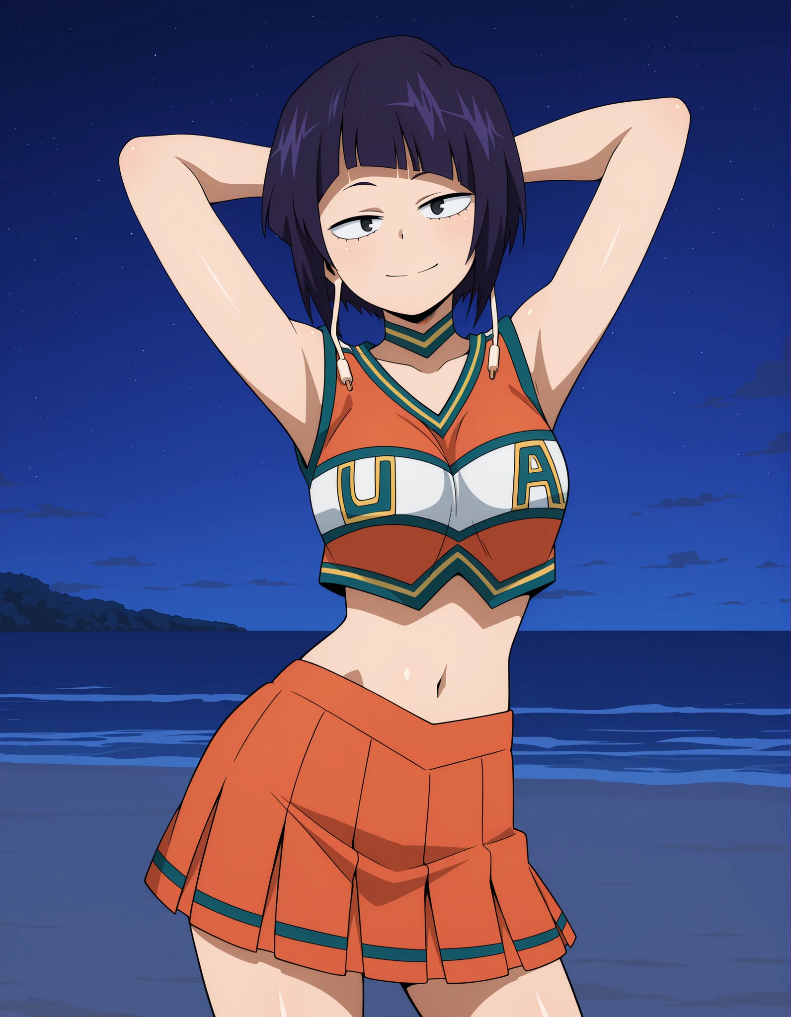 illujiro, short hair, bangs, long earlobes, purple hair, black hair, black eyes,
u.a. cheerleader uniform, orange crop top, orange pleated skirt, orange choker, midriff, anime screencap, shiny skin, high quality, solo, night sky, beach, arms behind head, ((contrapposto)), closed mouth, cowboy shot, looking at viewer, smile, best quality