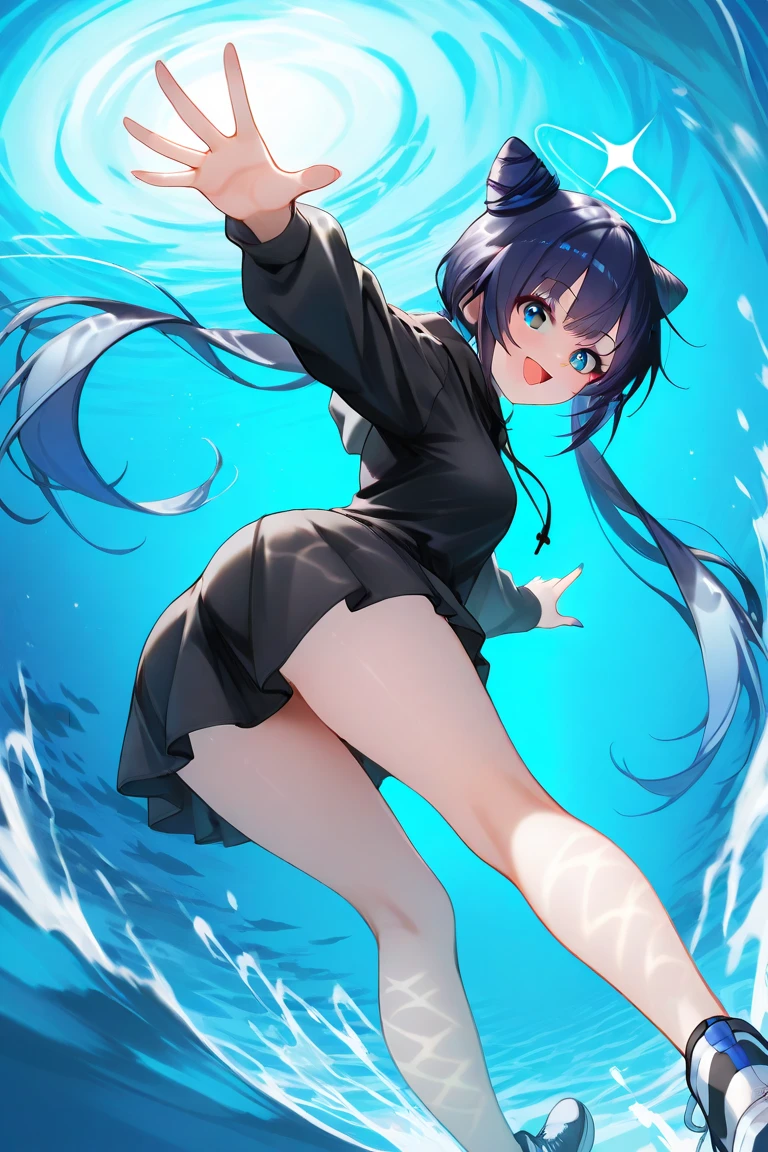 best quality, twin tails, ultra high res, 1girl, full body, bare shoulders, half body under water,cinematic angle,from behind,thigh gap,cleavage,revealing,see-through,professional lighting,thighhighs,sailor collar,necklace,