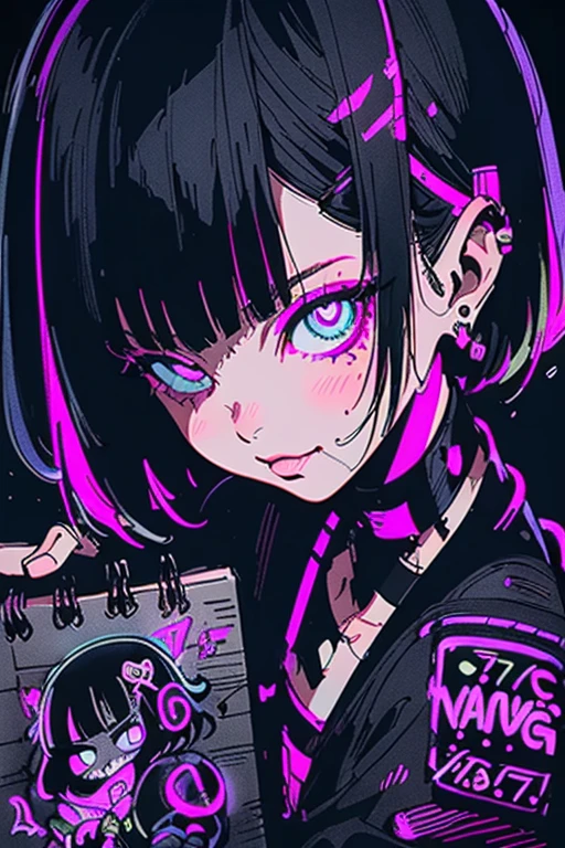 anime style cartoon cute punk girl with a bandaid on her nose and tattoos, holding a needle in hand, covered in skull stickers, with a dark pink, purple and green color scheme, glitchcore, cyberpunk, in the style of anime background 