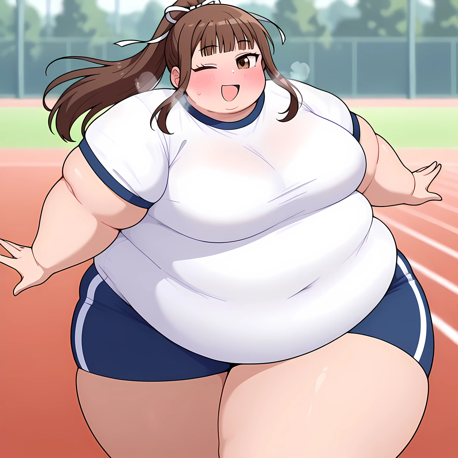 A girl wearing bloomers((From before)),Brown Hair,Light brown eyes,Blushed,Troubled expression,pigtails,BIG Boned,On the ground,steam,vapor,Big Ass,Thick legs,Thick arms,Wide pelvis,Wearing gym clothes,thick calf,tall,Sweat,Being outside,weather((Clear skies))