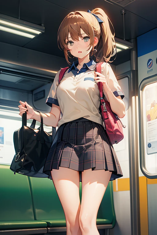 ((Browsing Caution:1.4, masterpiece, highest quality, High resolution, 超High resolution, Perfect Pixel, Depth of written boundary, 4K, RTTX 10.0, High resolution))), (One girl:1.3), Beautiful Anime Girls, Beautiful art style, Anime characters, ((Long Hair, bangs, Dark brown hair, ponytail)), ((Beautiful eyelashes)), ((Detailed face, Blushing:1.2)), ((Smooth texture:0.75, Realistic texture:0.5, Anime CG Style)), Perfect body, Slender body, (Adult woman climbing the stairs), (Beige cardigan, White shirt, Red ribbon at collar, Checkered pleated skirt:1.2), Angle from the front, (Station stairs, Lots of commuters), (Lift up your skirt yourself:1.2), ((A stylish light blue satin panty with gorgeous decorations:1), (Light blue with white lace side-tie panties)), Beautiful thighs, Embarrassed look
