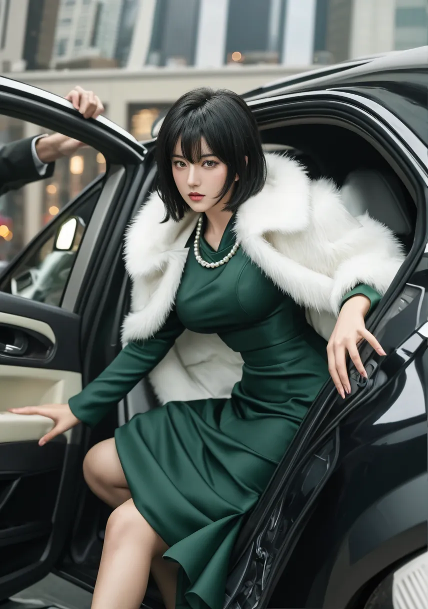 beautiful girl wearing a green dress and white fur coat got out of the car