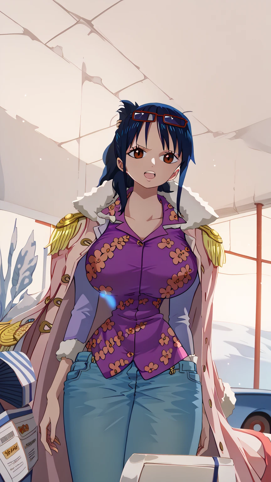 Nicole Robin(Characters in One Piece),White miniskirt,High split end,chest open,exposed and navel,cabelos preto e longos,Wear translucent light glasses with large lenses,Wearing a pearl necklace,Draped with blue silk ribbon,Bare legged,white Heels,ssmile,Dark blue pupils