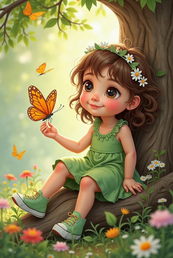 a happy girl sit on a bench in a garden enjoying summer with many butterflies