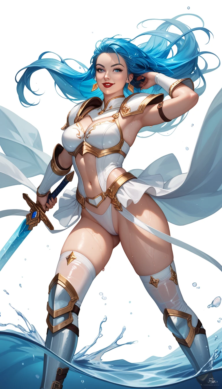 full body,masterpiece, high details, high quality, best quality, anatomically correct, masterpiece, textured skin, super detail,ultra-detailed, best quality, extremely detailed, 8k, high res, realistic, 1girl, 18yo, beautiful girl, (half closed eyes),(narrowed eyes:1.2),(open mouth), (blush:1.2),BREAK,(armor:1.4),blue beautiful eyes, medium bob hair, (asymmetrical parted bangs), (dark blue beautiful hair),BREAK,(Ready your spear:1.5),(voluptuous bust:1.3),(Gaunt , thin waist:1.3),looking at viewer,white background,