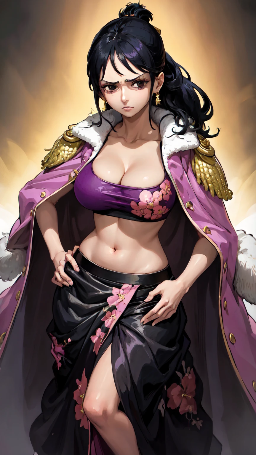 ((best quality)), ((masterpiece)), (detailed), big eyes, seductive smile, sharp, photorealistic, ultra high resolution, intricate, hyperdetailed, (skindentation), (full body), cute, feminine , detailed body , (detailed face: 1.1), (outlined iris), (perfect eyes), (boa hancock, cape, epaulettes, neckline, jewelry, earrings, diaphragm, black hair) 4k, beautiful, head, feet, legs, standing walking 1girl, (big breasts: 1.4), (breast feel) art by artgerm and adolphe bouguereau