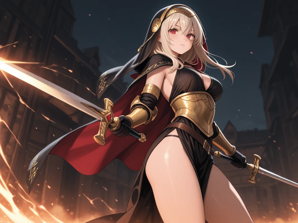 Top quality, Detailed depicted, 16k, Sharpness: 1.5, Dynamic movement: 1.7, Wind manipulation: 1.1, (((Adult female in her early twenties)))), (((Dense and delicate reflective iron bikini armor: 1.7, Dense pattern: 1.3), Bare shoulders, Naked thighs, Luster: 1.7, (Glossy hair: 1.3)), (Glossy skin), Slender waist, Large and tight buttocks: 1.3, Big: 1.5, Tight Abdomen: 1.4, Boots below the knee: 1.4, Best Quality: 1.7, (Face in perfect proportions: 1.3), Perfect body structure, (Dense and detailed shiny eyes:1.1), Tiredness: 1.4, Despair: 1.2, ((Streets Covered in Flames: 1.6)))), Fantasy World: 1.4, Art, Art, (Midnight:1.6),(( Destroyed Fantasy World Town:1.6)), (Perfect and Detailed Anatomy:1.4), Cleavage:1.5, Tight Abdomen, In Combat:1.8, Clenched Teeth:1.2, Dramatic