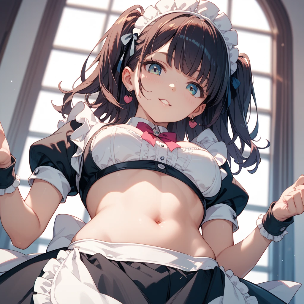 (footjob), Masterpiece、Highest quality、Highest quality, (long and thin legs, shoes:1.2), Arm behind wrist, squat、Spread your legs、1 girl, (smile、Open your mouth大笑い:1.2), Cute eyes, (Detailed face:1.3)、Open your mouth, The whole face turns red, alone, Big and ample breasts, (Straight bangs, Twin tails), White maid outfit、Side bust、Underbust、belly button、Walking through the mansion'corridor、nsfw、shoes下