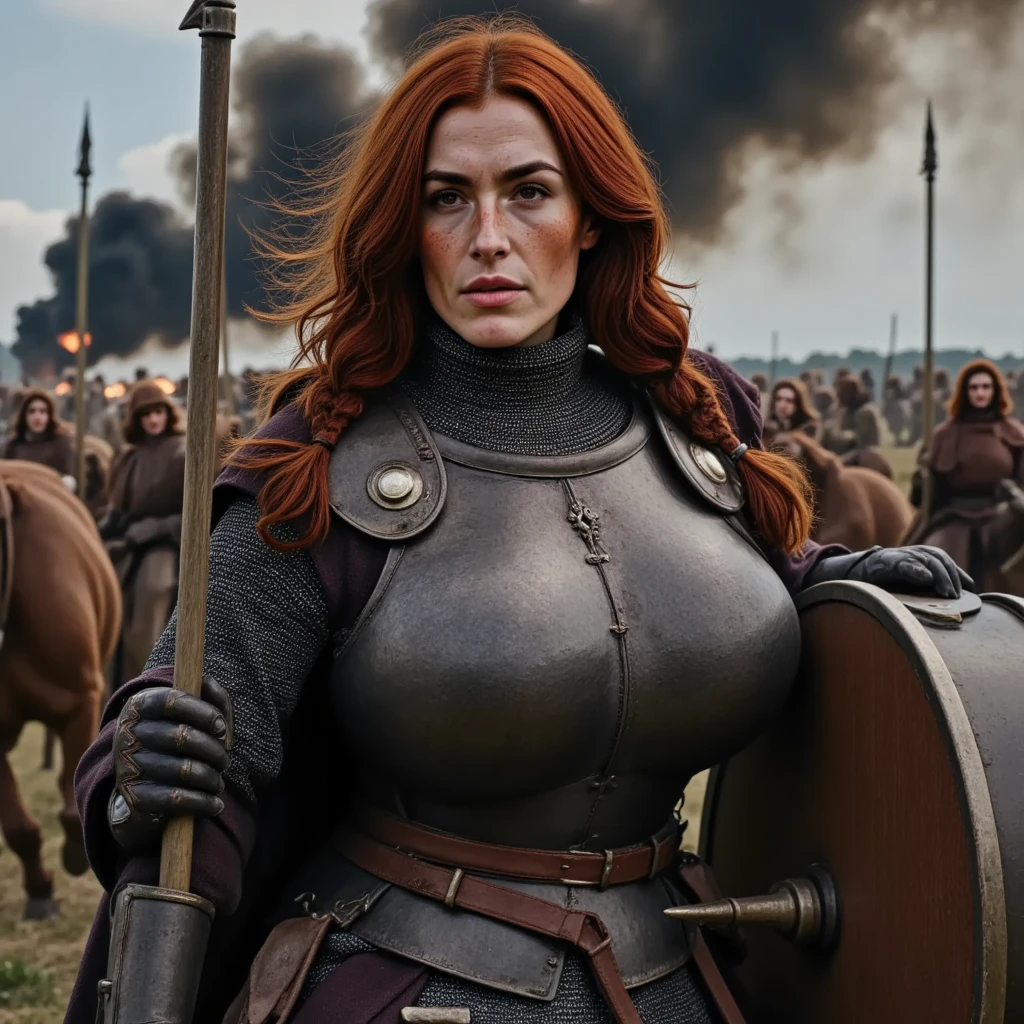 Very Fat and short Woman, ((fullbody view)), back view, showing her huge ass, Very large hip and waist, wearing a medieval metal blouse , no clothes bellow waist, wearing a leather rudinous boots, holding a medieval sword , at the war field, loking back, Long redhead hair, thick lips, giant ass, sweaty body, naughty face, thick lips, at night, stepping on many skulls