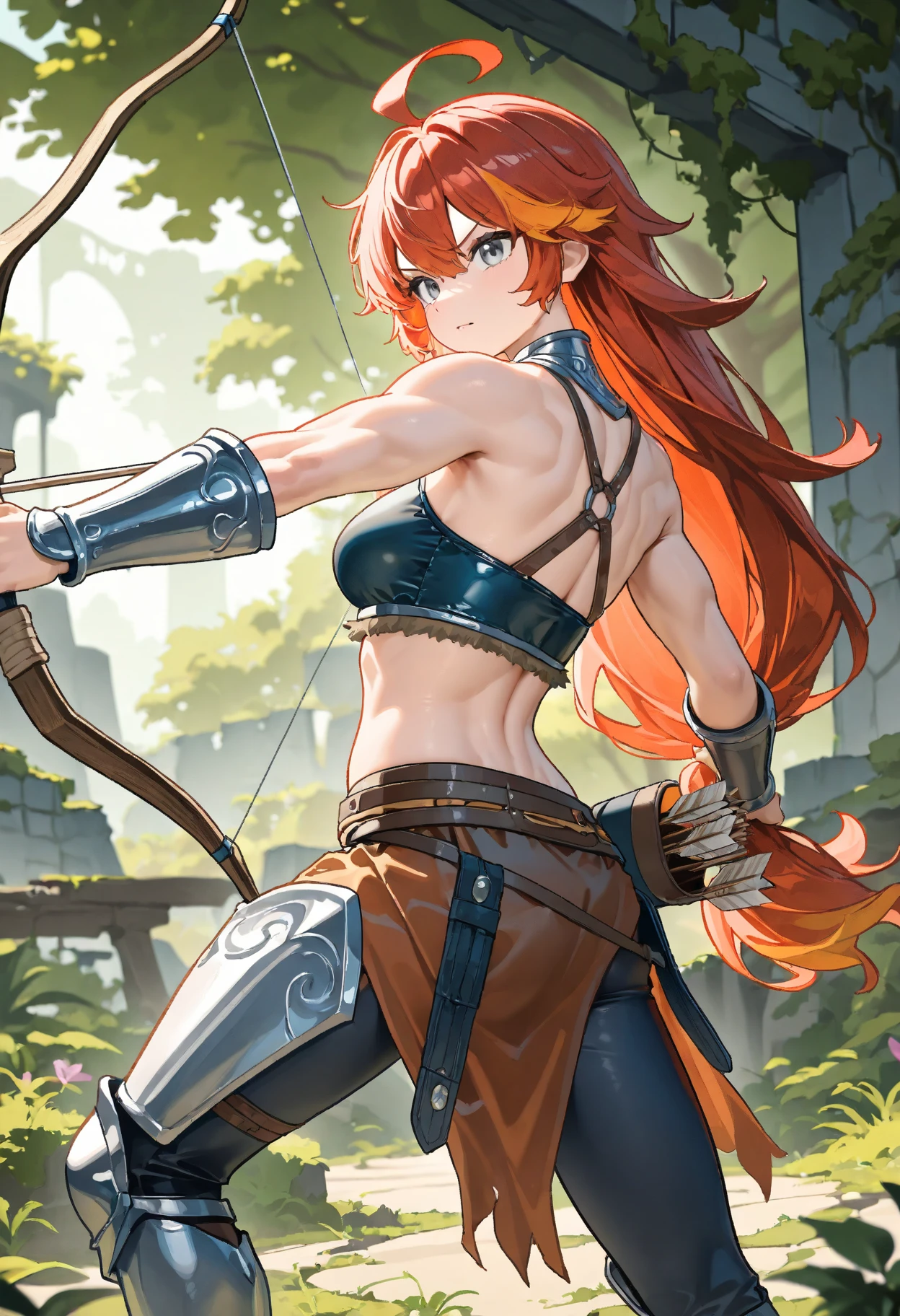 1girl, abs, armor, smile, closed eyes, teeth, sitting, crossed legs, arm support, bonfire, outdoors, forest, blue eyes, blush, braid, small breasts, detached sleeves, earrings, hair ornament, jewelry, muscular, muscular female, nose blush, orange hair, revealing clothes, smile, thick thighs, thighhighs, thighs<lora:Vanillaware_XL:1>, score_9, score_8_up, score_7_up, score_6_up, score_5_up, score_4_up, BREAK source_anime, masterpiece