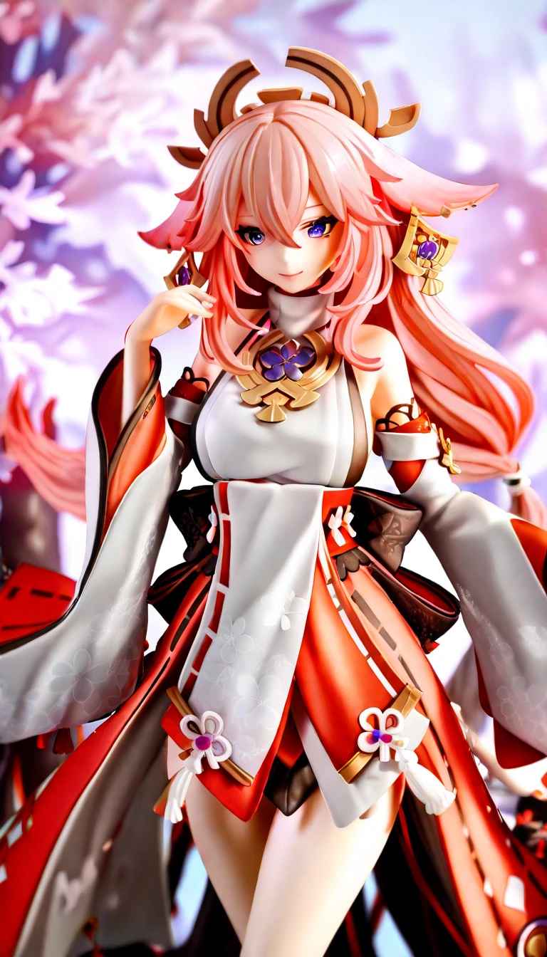 loraggl15, 1 girl, (ulzzang-6500:0.7), Kpop-idea, yae miko, detached sleeves, bare shoulders, pink hair, long hair, japanese clothes, best quality, (painting:1.5), (hair decoration:1. 35), jewellery, purple eyes, earrings, breasts, torii, cherry blossoms, lantern light, depth of field, detailed face, face focus, bow_trim, (viewer view:1.25), non-traditional miko, shiny skin, long sleeves, smile, thick lips, play CG, hands on lips, East Asian architecture, (blurred background:1.2), sitting, upper body,loraggl15,