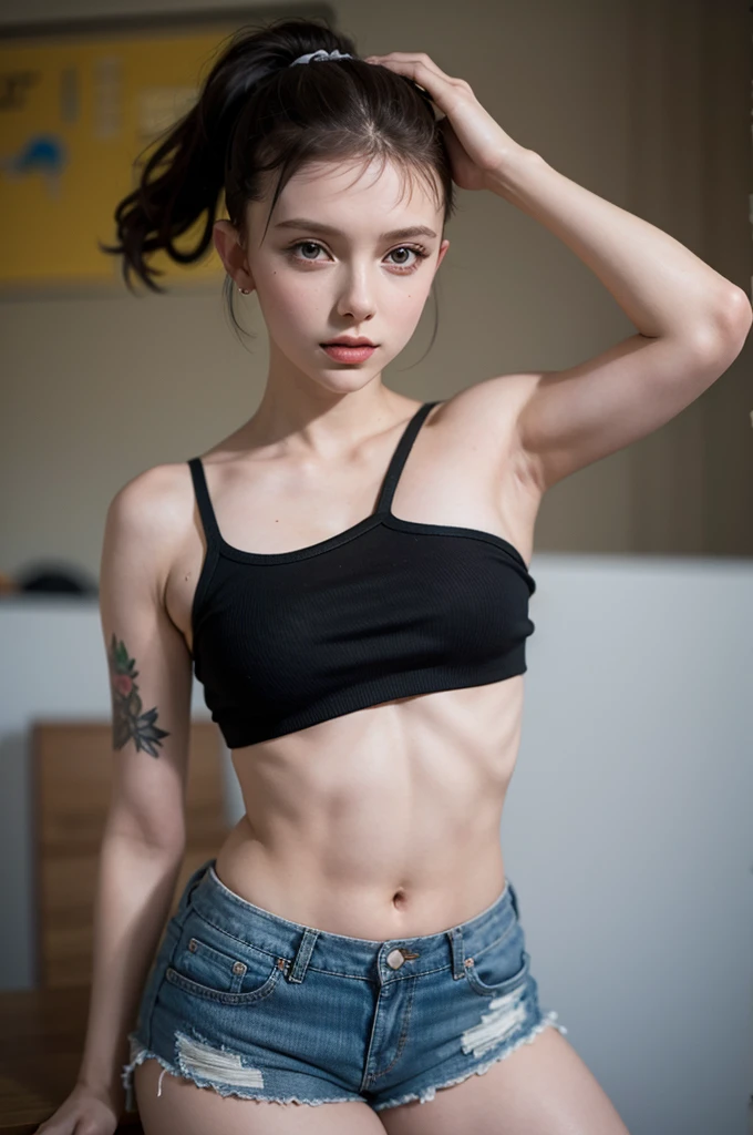 4K,((Highest quality)), ((masterpiece)) , BREAK,((one girl)), (detailed),((in Gym)), ((One girl)),((perfect anatomy)), ((nude)),((13 years old)),((flat chest:1.5)), (stare at viewer with stern eyes:1.5),((one girl)),(bitting own lip:1.1),(angry:0.9),nose blush,(shamefull:1.2),(bob cut hair),surprised, ((beautiful realistic face)),((A bow tie)),Beautiful Korean Women, Beautiful young Korean woman, Young and adorable Korean face, Gorgeous Young Korean Woman, Korean Girls, Girl cute beautiful face, Portraits of Korean female idols, Young and pretty Asian face, Cute natural anime face,Asian pretty face,((finely detailed face)),((glistening eyes)),((glistening eyes )),((large eyes)),(( pretty eyes)) ,(detailed),Perfect Face,((One girl)), ((clear eyes)),((show nipples)),((beautiful skin)), don't wear anything ,((show nipples)),(upper body)