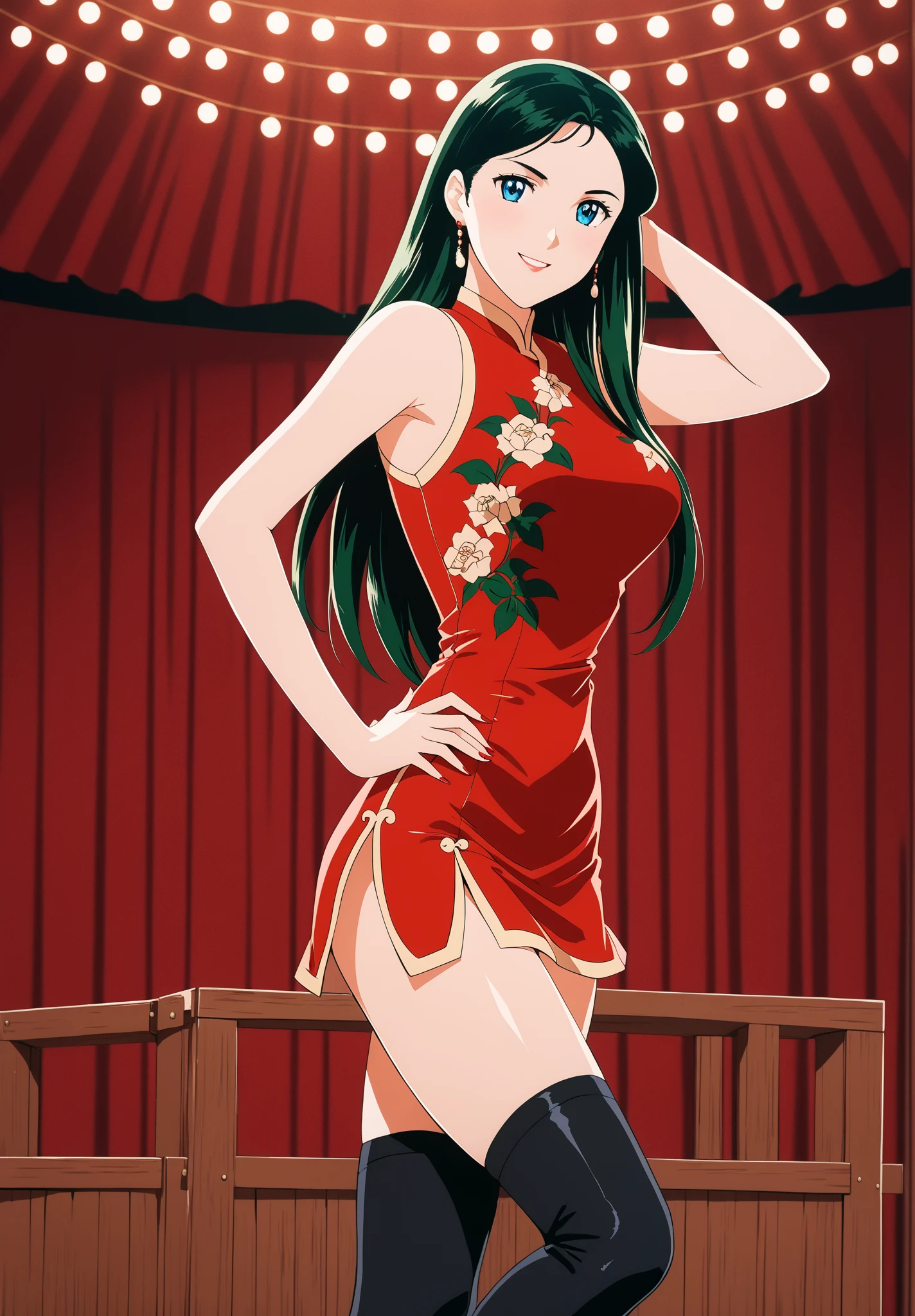 (masterpiece, top quality, best quality, official art, beautiful and aesthetic:1.2), young (1girl:1.3), (wearing torn red dress:1.3), (hair between eyes:1.3) hair, long black ponytail, (colorful blue eyes, tan skin:), extremely detailed, colorful, (highly detailed CG illustration), (looking at viewer), cinematic light, solo, half body, (character focus), ),, extravagant makeup, full lips, sexy pose, clothes ASIDE , used condoms, partially naked, shiny skin, red lingerie, tan skin, slender body, athletic