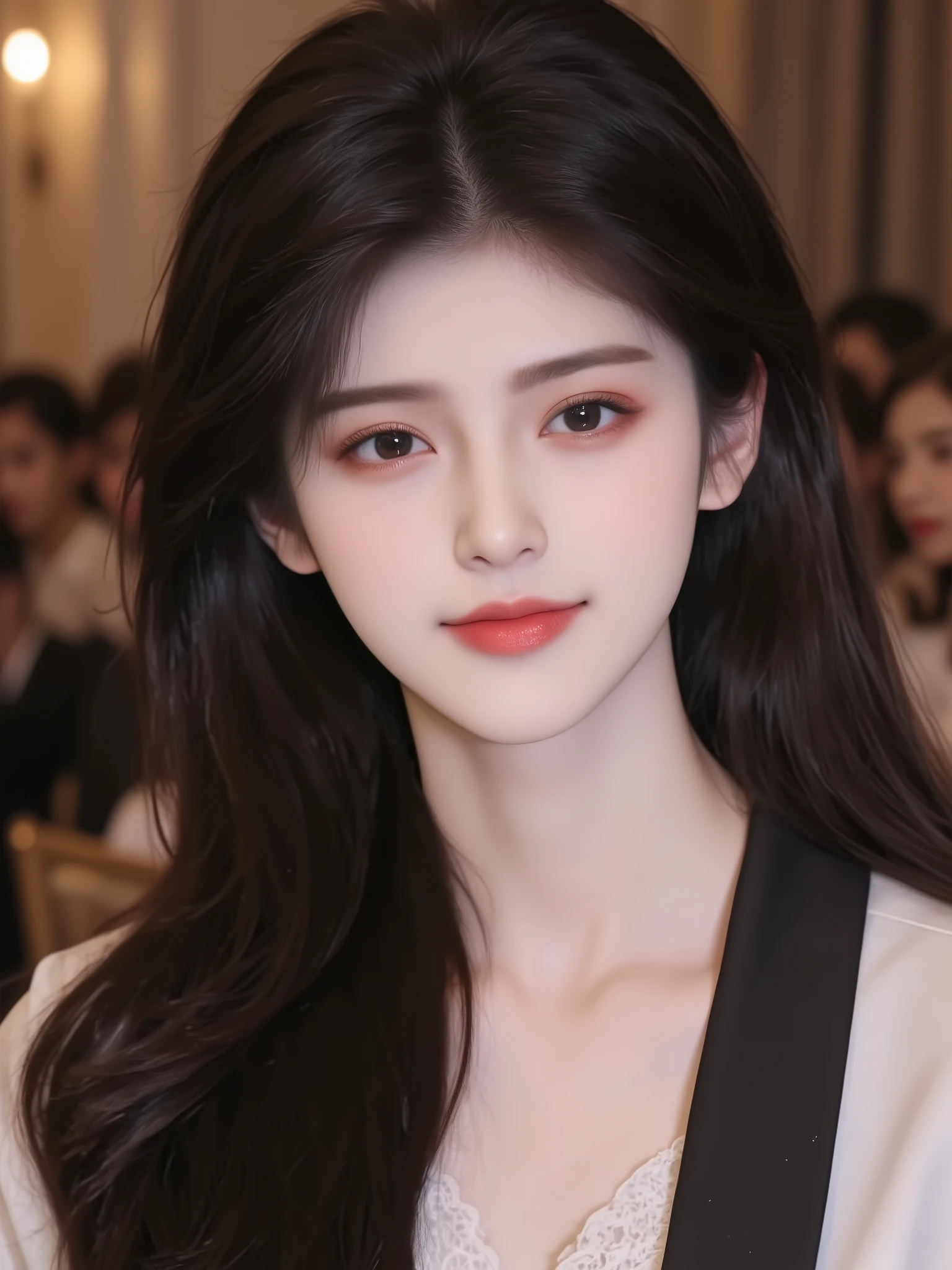 Beautiful girl with round eyes, big nose, famous white skin, with a cute smile, very long hair, dressed in a cute, sweet dress, jeans, wearing a sweet tunic, well dressed