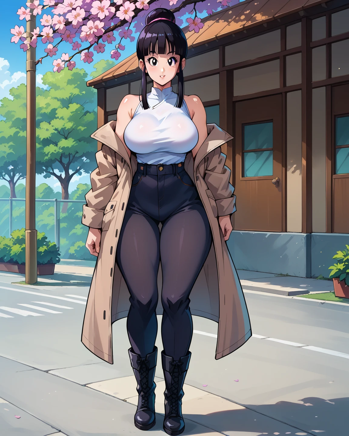 brown hair, muscle girl, big ??????, long hair,tomboy, sharpteeth, red eyes, smile, living hair, blush, standing, pants, full body