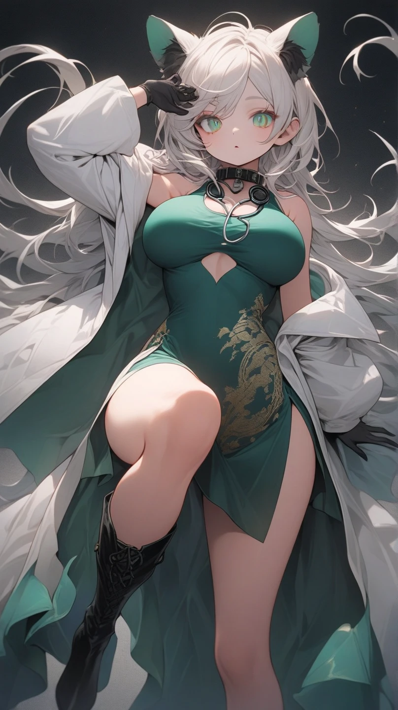 Adult woman, very long white hair, turquoise eyes, red lipstick, Chinese Dragon horns, dragon tail, claws, fire magic, water magic, lightning magic, white tight pants, green Chinese dress, long sleeves, golden elements, open breasts, open belly, wide neckline, Dragon Goddess, Masterpiece, best quality, Full HD, 8k, ultra details, great graphic
