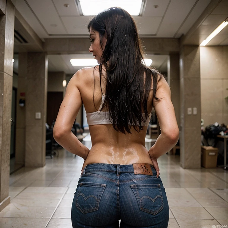 Masterpiece, Best Quality, back view, latin model, perfect body with curves, skinny blue jeans, dark bar, standing