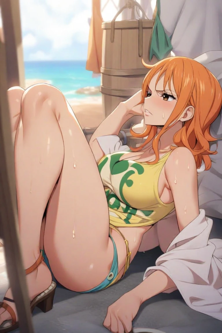 detailed background, masterpiece, 4k, epic, best quality, late youth, adult, milf, athlete body, 1girl, active, energic, ((wide open mouth, lying on the ground, fully lying down, sleeping, knocked out, closed eyes, hands spread sideway)) , solo, nami \(one piece\), 1girl, bangle, (very wet, drenched in sweat, sweat all over body, very missy hair, tired, open mouth, exhausted, screaming, sweaty face, sweaty body, bruises, injury, feeling hot, sweating too much, blushing, tilting head, shiny sweat, both hands spreadeagled, serious, hurt, glaring, closed eyes, looking up, perfect detailed face, round face, sweat on face) bold drawing lines, muscular arms, detailed bold arm lines, flat jaw, adult woman, wavy wide streaked bangs, floating bang, (big cheeks), bare shoulders, off-shoulders, belt, bikini, bikini top only, blue sky, bracelet, springy breasts, breast lines, big round eyes, very big brown shiny eyes, bubbles, high eye position, cleavage, cloud, day, denim, earrings, floating hair, shiny hair, green belt, green bikini, bold groin lines, jeans, jewelry, medium breasts, log pose, long hair, looking at viewer, long navel, wet hair, orange hair, pants, shoulder tattoo, sidelocks, sky, solo, stomach, swimsuit, tattoo, detailed left arm, big forehead, hourglass figure, small head, toned body, wide hair, wind effect, sun effect, under the sun, narrow small ears angle, older, straight shot,