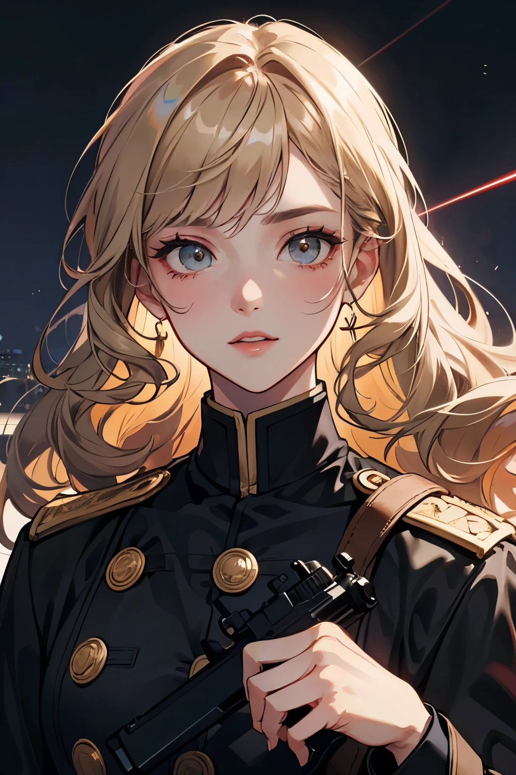 (highest resolution, distinct_image) best quality, cyberpunk, 30-year-old handsome and cold woman (casual pose) (holding a gun) (huge spaceship behind her), masterpiece, semi-realistic, , short blonde hair, curly hair, green eyes , cold eyes, battle scars, blood stains, tall and strong, handsome, black clothes, black uniform, military uniform, black jacket, black trousers, military school, cold, serious, tall, handsome, autocratic, powerful, overwatch